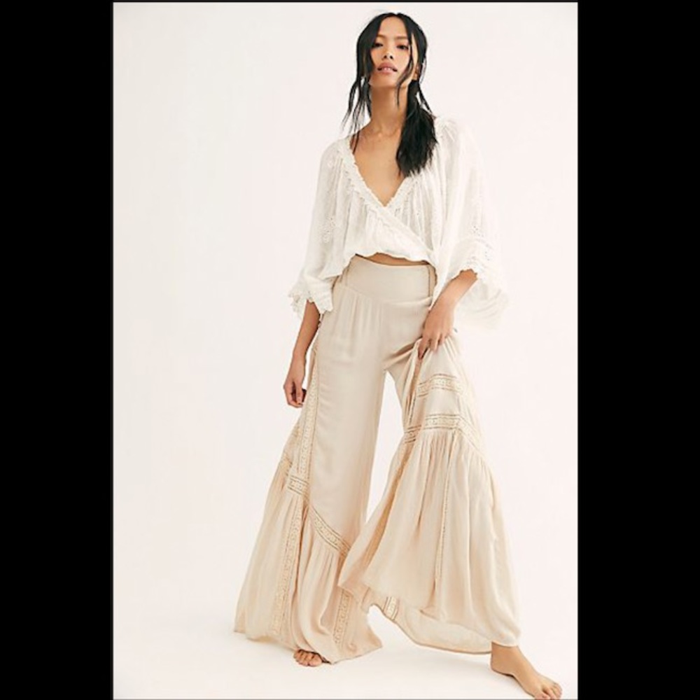 Free People Lovin Easy Lace Pants Trousers Size L Boho Tan